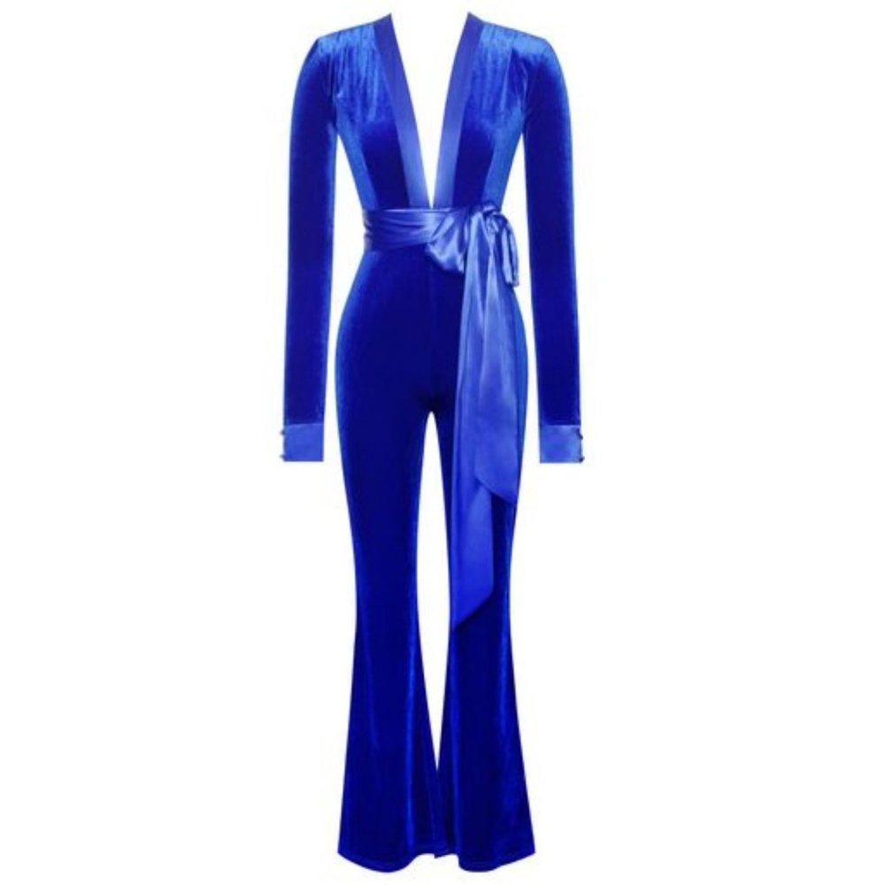 Blue Velvet Jumpsuit with Satin Wrap at Waistline 70s Style Bell Bottom Legs